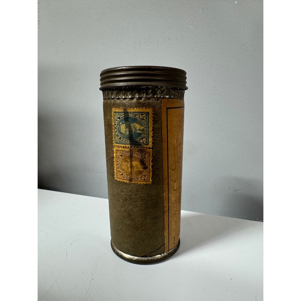 Antique Improved Mailing Case Co NY Cardboard Metal Tube Vintage Canada Stamps